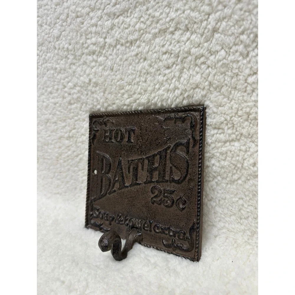 Cast Iron Wall Hook Brown Hot Baths 25 Cents Vintage Style Plaque